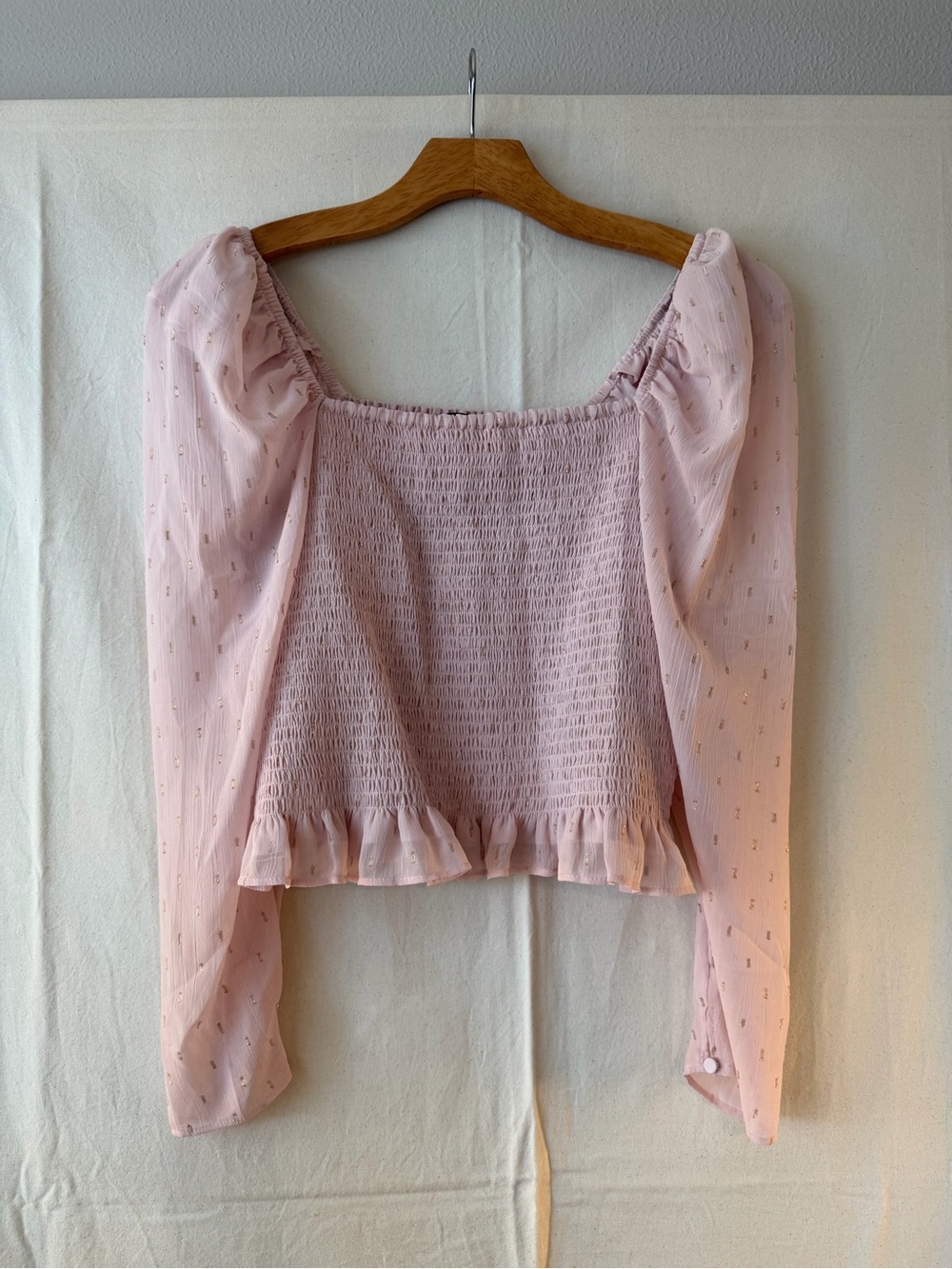 Express Blush Pink Smocked Puff-Sleeve Crop Top